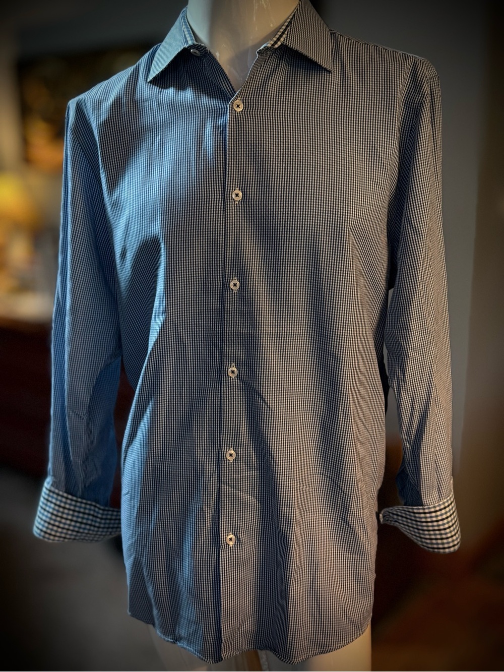Men's Blue Micro-Check Dress Shirt - Classic Tailored Style